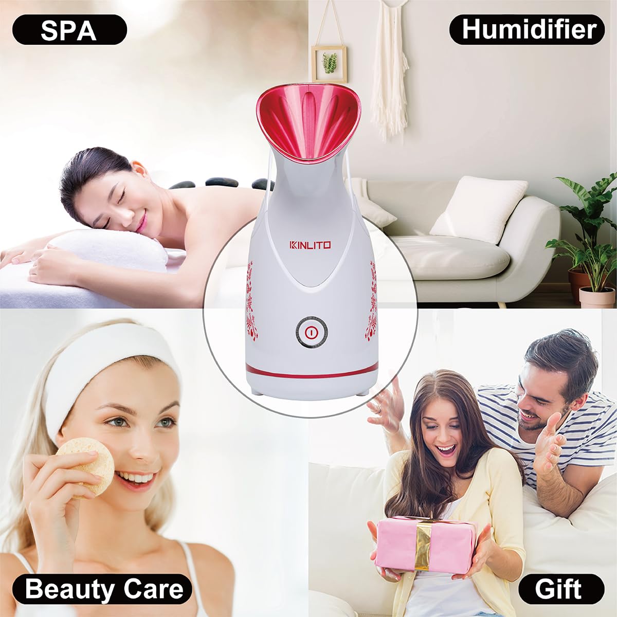 KINLITO Vaporizador facial nano iónico, limpieza profunda, desobstruye los poros para limpieza profunda de poros y alivio sinusal, kit de 5 piezas de acero inoxidable para la piel (rojo rosa)