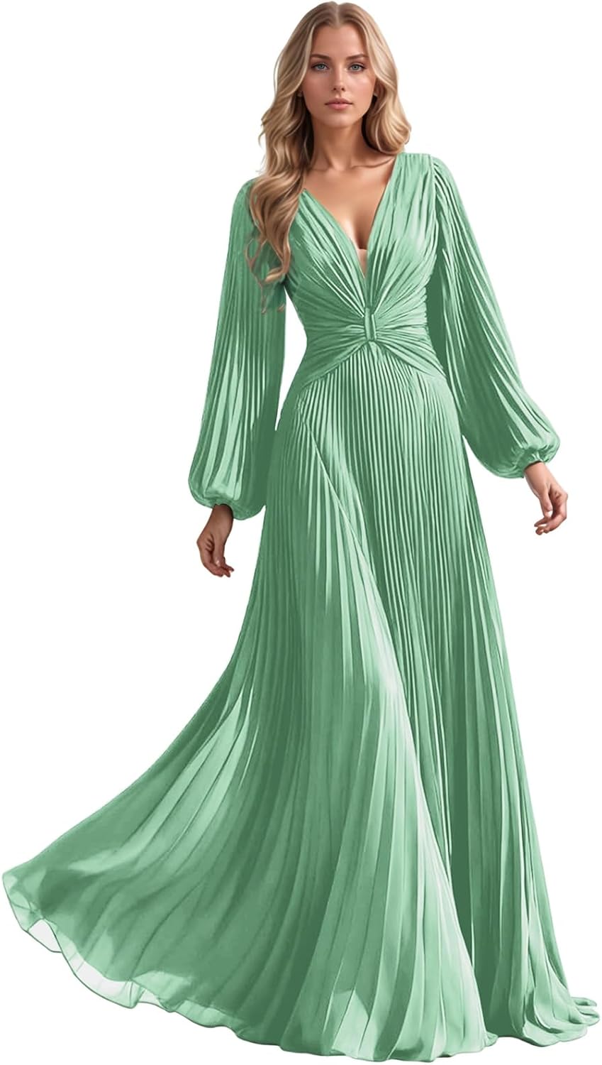 Chiffon Bridesmaid Dresses for Women Pleated V-Neck Evening Gowns Ruffle Maxi Formal Wedding Guest Dress