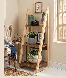 Decazone Pine Wood Frame 3 Tier Bookcase with White Gloss Shelves Modern Freestanding Storage Rack for Home & Office DIY Assembly Open Display Shelf for Living Room & Study (Teak Wood, 3 Tier)