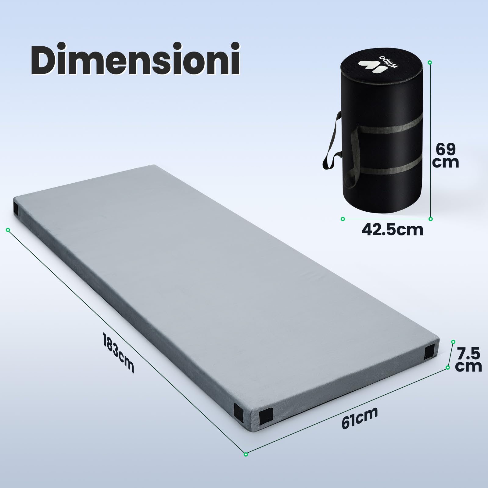 Willpo Materasso in Memory Foam per Campeggio con Borsa da Viaggio, Materassino Portatile Leggero per Tende, Letti per Ospiti, Casa - Grigio, Singolo Piccolo