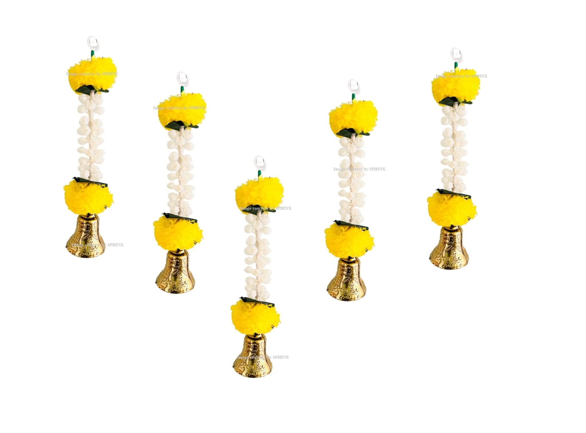 SPHINX Artificial Jasmine (Mogra) Decorative Latkans/Torans/Backdrop Hangings/ for backdrop decorations, wall decor, wall hangings, housewarming - Approx 25 cms- (Jasmine Marigold and Golden bells, 5 pieces)