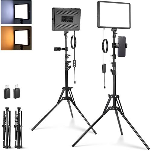 NEEWER BASICS 2 Pack LED Video Light Panel Lighting Kit with 2 59'' Stands & 2 Phone Holders, 850lx/0.5m Bi Color 2700K-6500K Dimmable Studio Light for Photography Filming Recording Live Stream, BP300 - BP300(2-Pack)