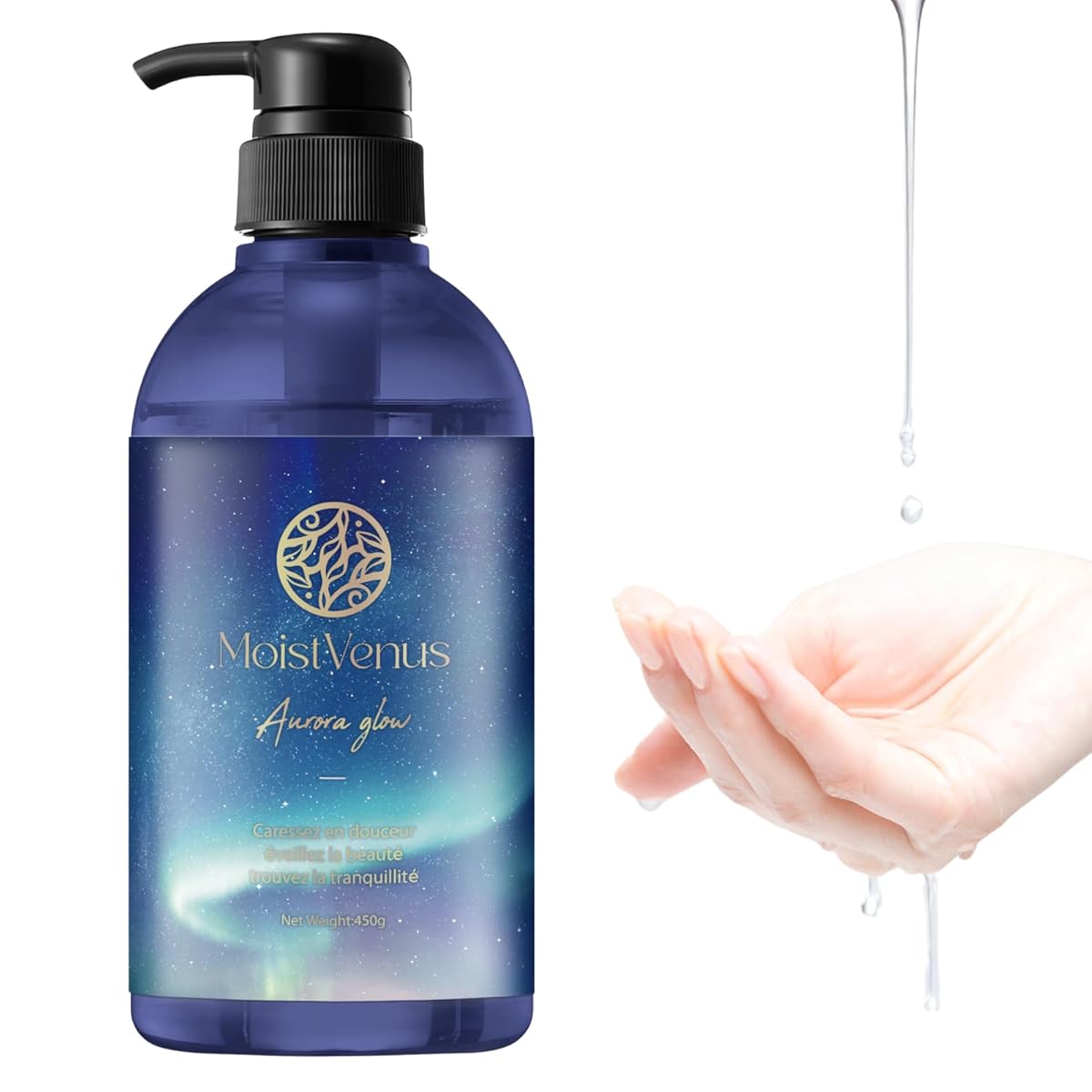 【W受賞・皮膚科医監修】潤滑ゼリー 450ml ヒト幹細胞 皮膚科医試験済 美容エキス配合 ローション 大容量 オーガニック MoistVenus Aurora Glow 妊活 潤い ジェル ノンアルコール 挿入 潤滑剤 ゼリー 女性用 男性用 うるおい マッサージ プレミアム モイスト 保湿 乾燥肌 敏感肌 VIO