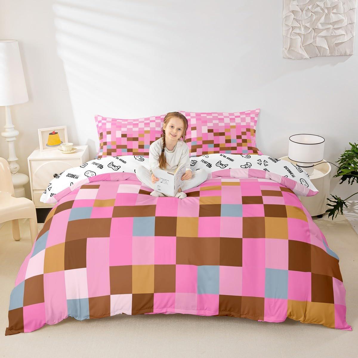 Housse de couette géométrique rose pour lit King Size avec fermeture éclair Manfei