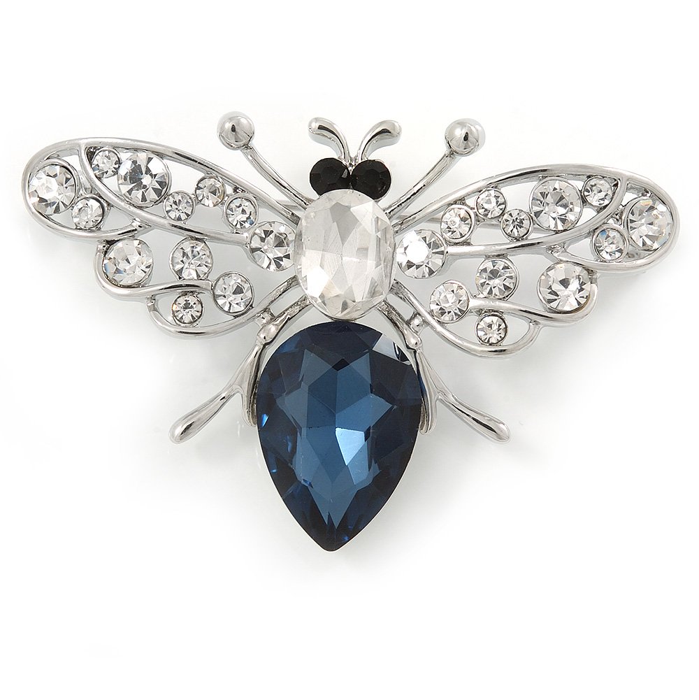 Avalaya Rhodium Plated Montana Blue CZ, Clear Austrian Crystal Fly Brooch - 50mm Across