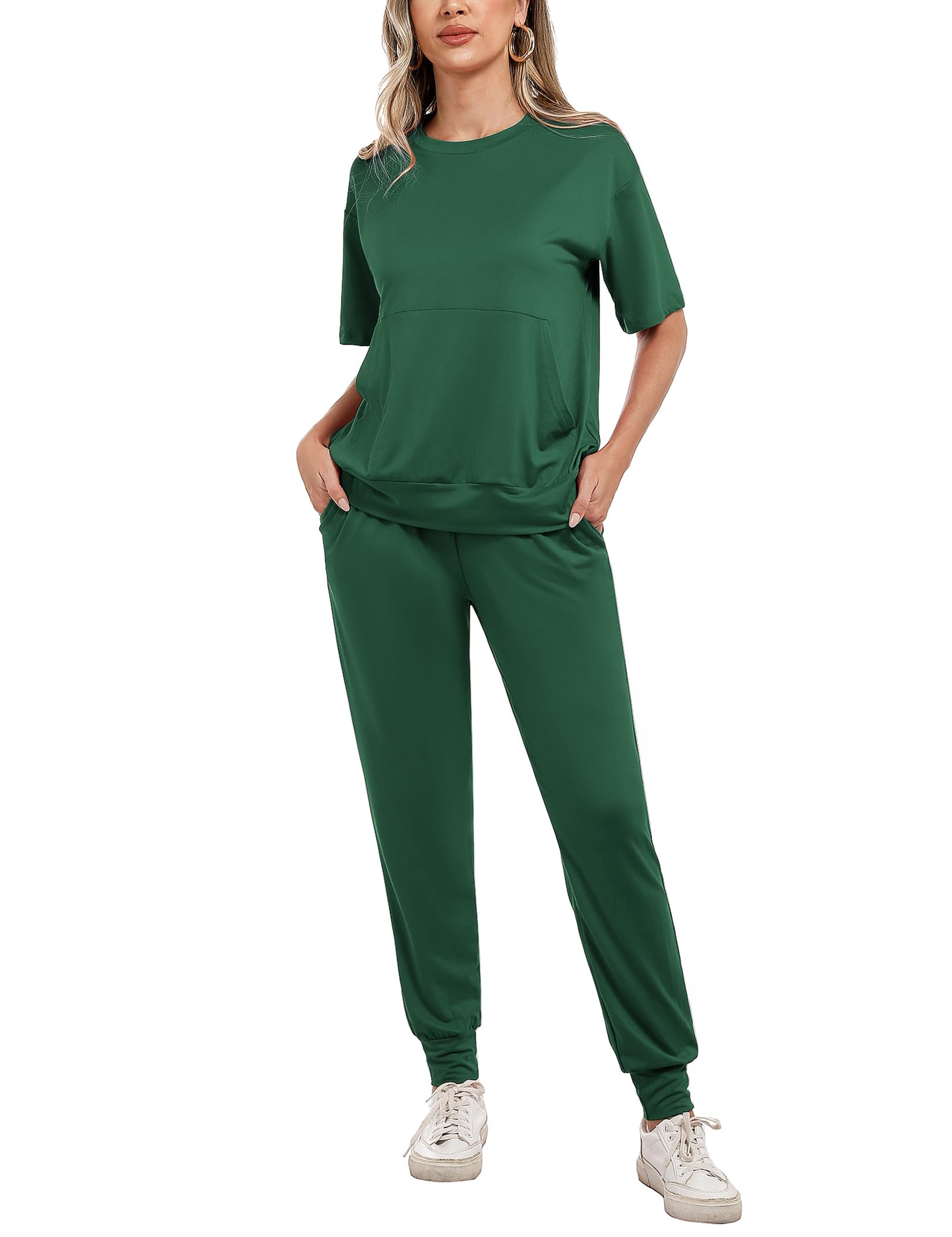 Irevial Damen Jogginganzug Trainingsanzug 2 Teiler Set Kurzarm Top/Hose Rundhals Sommer Sportswear für Running Yoga Gym
