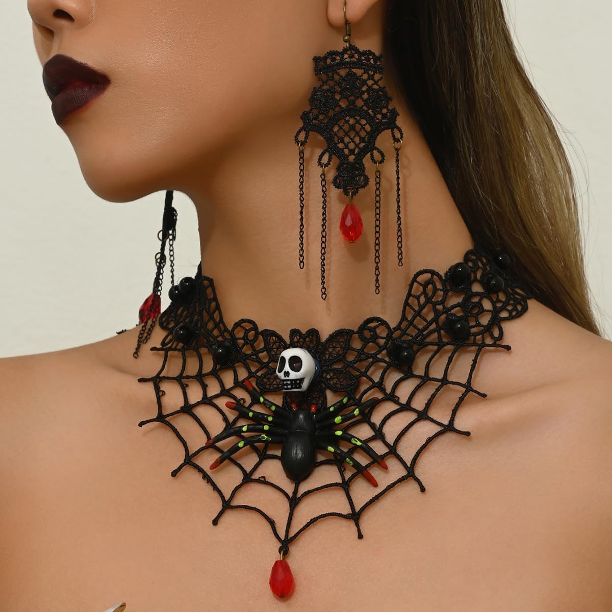 Witch Accessories for Women Goth Black Choker Earrings Halloween Jewelry Black Lace Choker Vintage Necklace Costume Spider Web Skeleton Claw Gothic Vampire Necklaces - Image 4