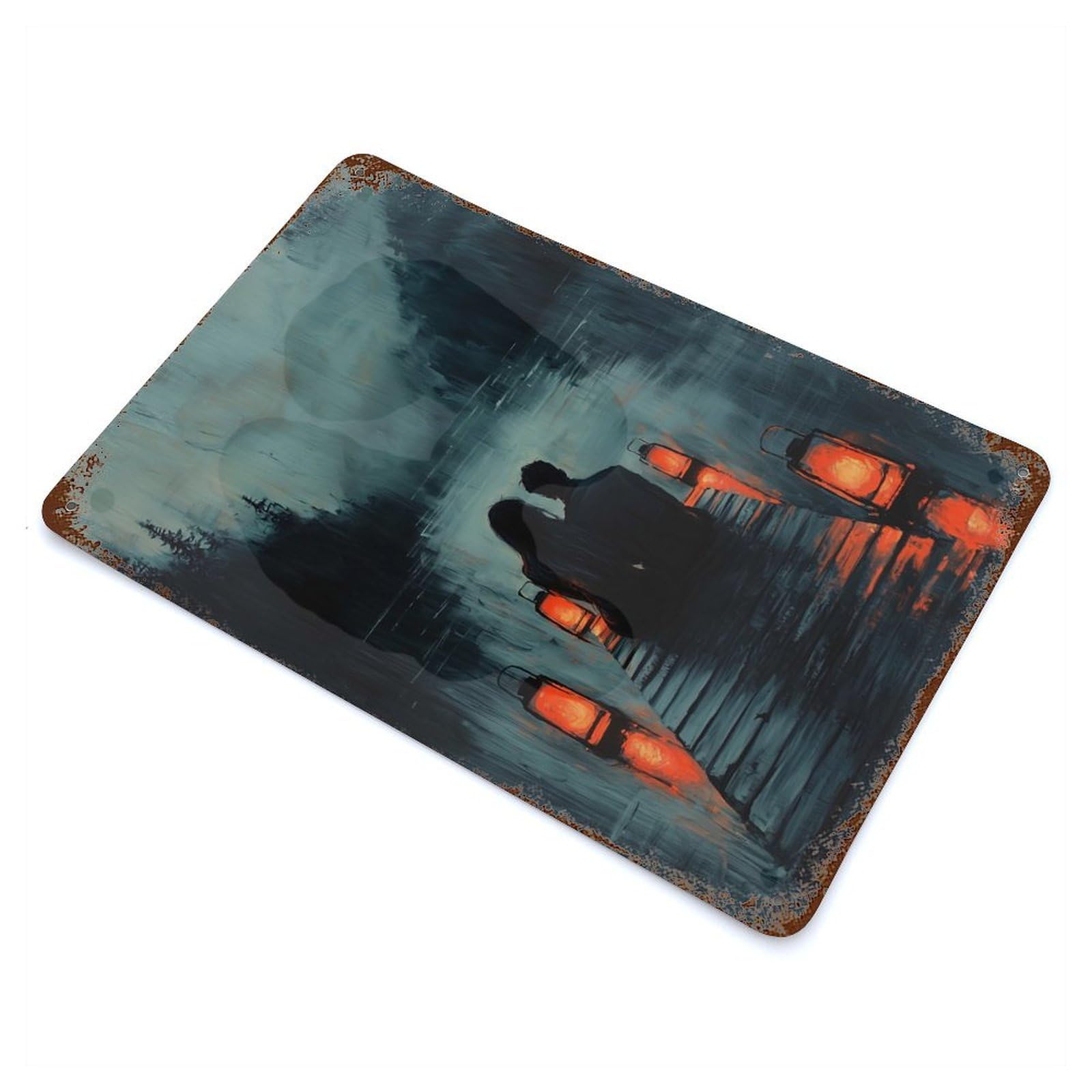 Rust Effect Romantic Couple on Dock with Lantern Glow at Dusk Rusty Metal Tin Sign 11.8"x7.9", Farmhouse Wall Decor for Shed, Workshop And Garage Wall Decor
