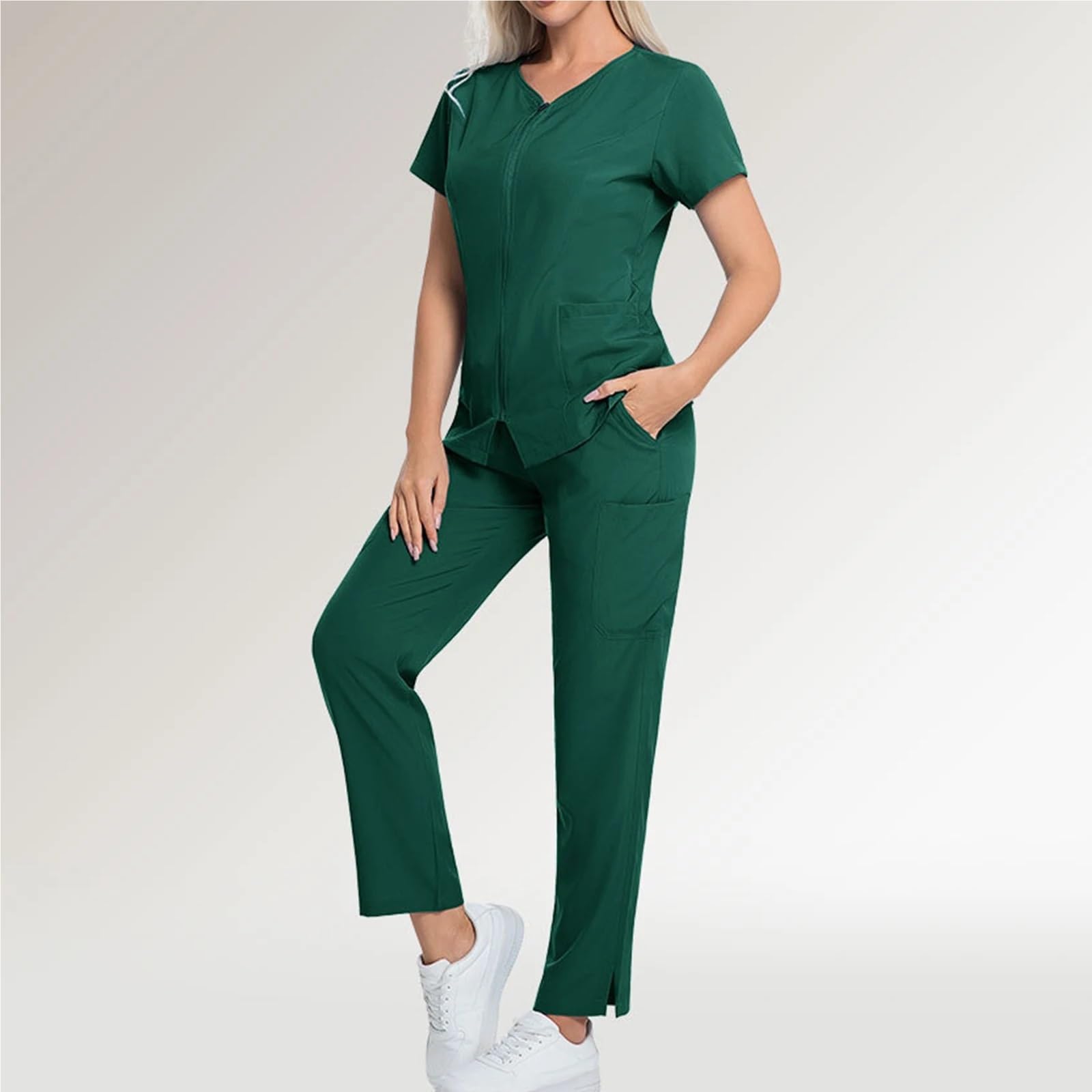 Kasacks Damen Pflege Damen-Krankenschwester-Bekleidungsset, einfarbig, kurze Ärmel, lange Hosen, mehrere Taschen, medizinische Uniform, Arbeitskleidung for das Gesundheitswesen