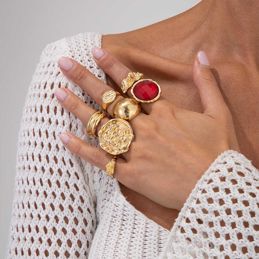 Chunky Gold Hammered Dome Knuckle Rings Set Stackable for Women Statement Red Crystal Thick Silver Ring Stacking Vintage Prom Party Jewelry Accessories - Image 3