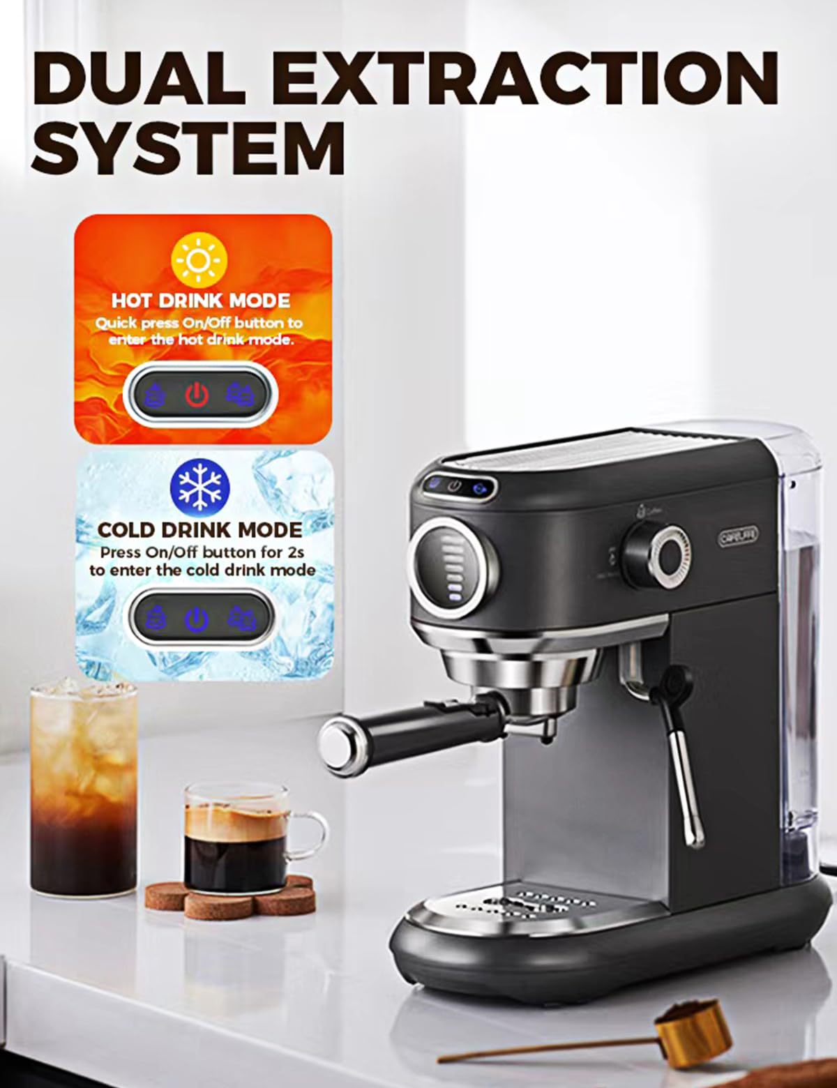 CAFELFFE Macchina per caffè espresso con montalatte, macchina per caffè caldo e freddo, per capsule Nes* e DG*, cuscinetti ESE e fondi per caffè, 7 livelli di selezione del quantitativo di caffè