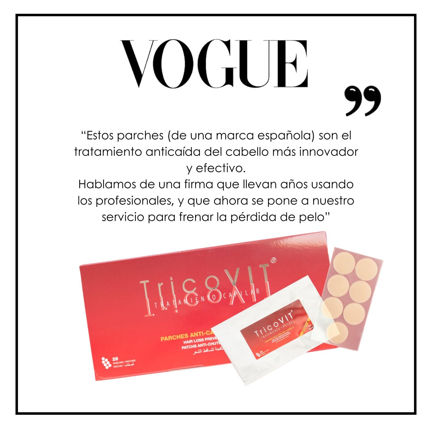TricoVIT | Parches Anticaída Cabello Mujer, Frena la Caída en 28 días - Ingredientes Vegetales, Aumenta la Densidad y la Fuerza de tu Cabello, Apto para Hombre y Mujer (28 Parches)