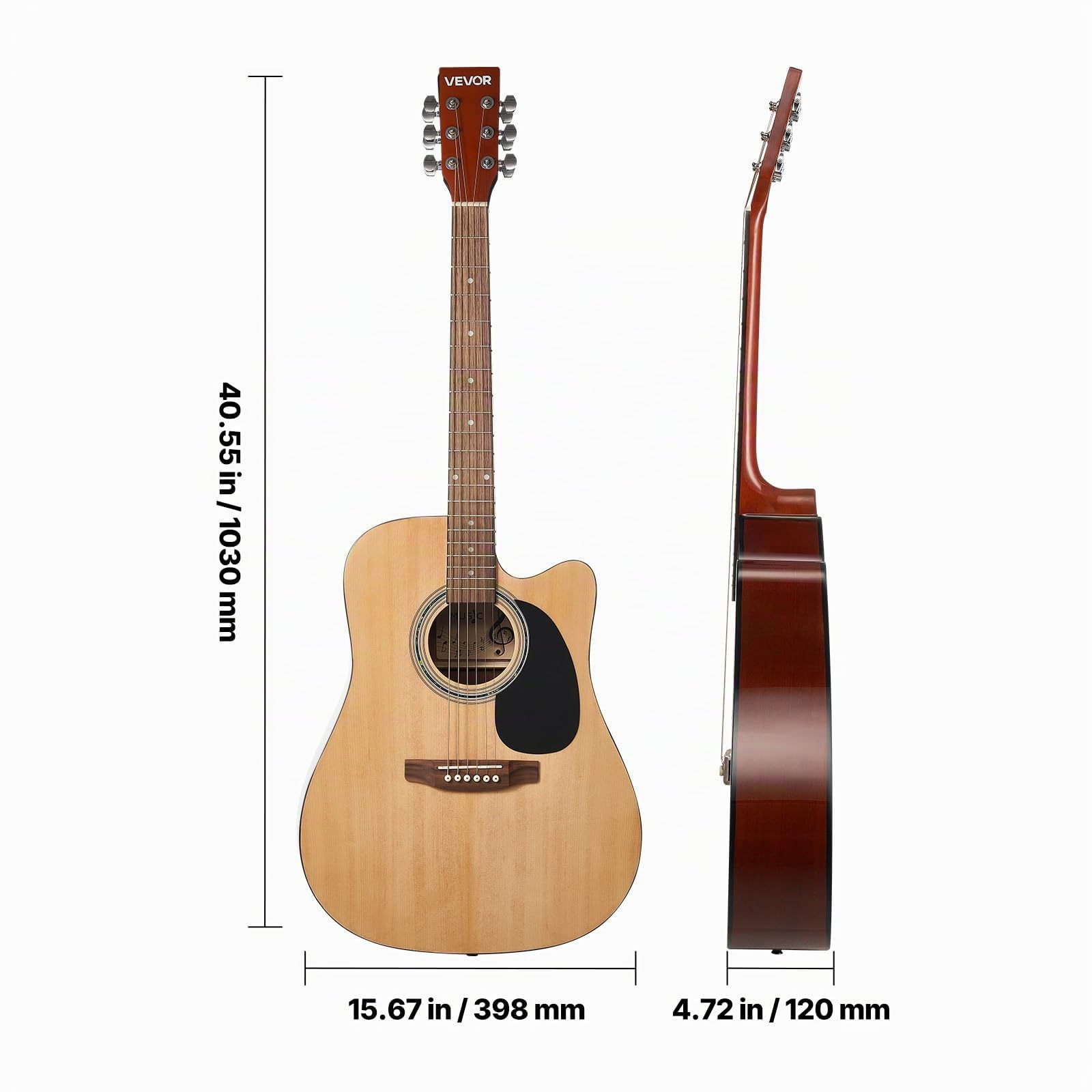 VEVOR Chitarra Acustica Cutaway da 1041,4 mm Chitarra Acustica a 6 Corde con Tavola Armonica in Abete Massello Naturale, Custodia Morbida, Accordatore, Tracolla, Corde in Acciaio, Plettri, Capotasto