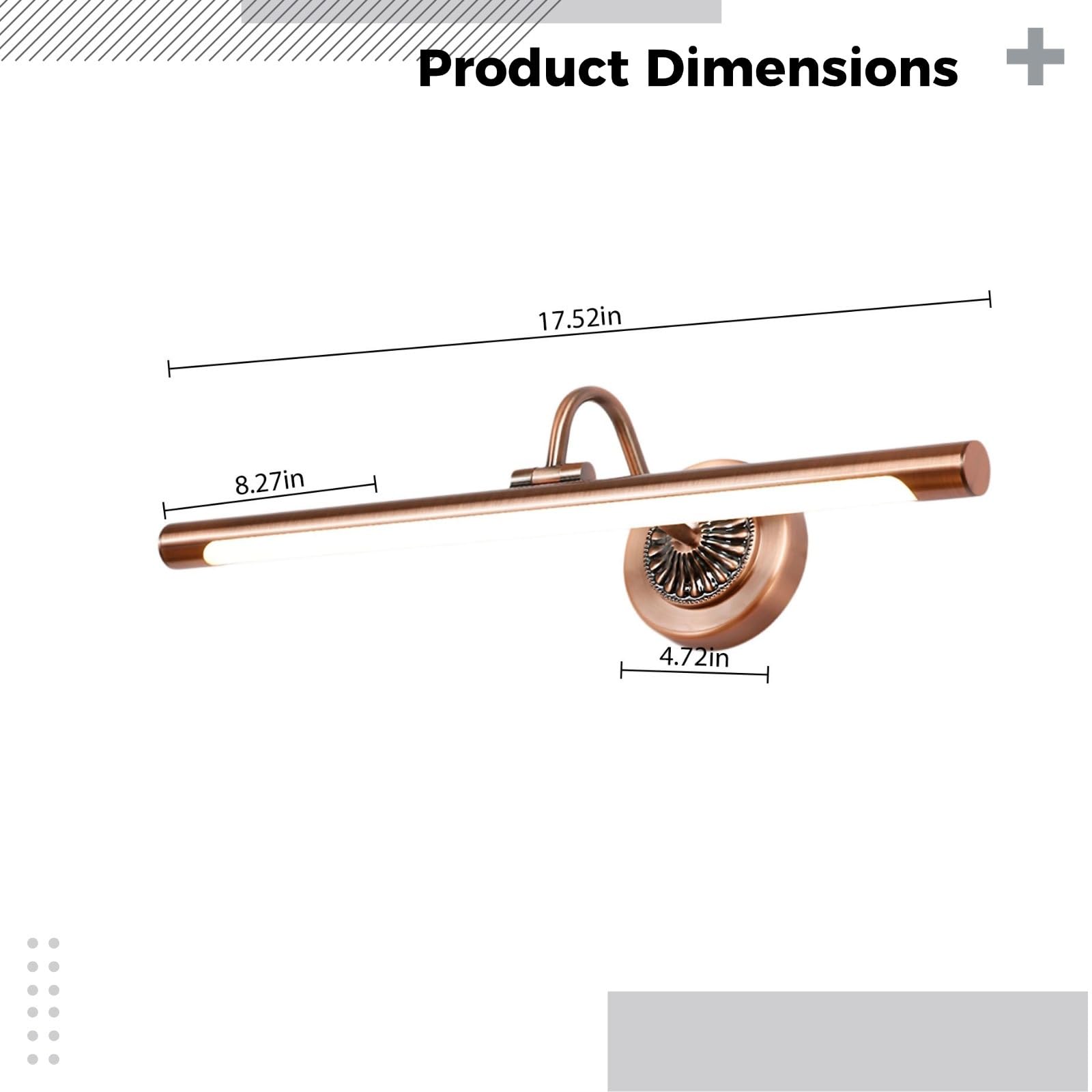 Lampada da parete in bronzo da 8 W con 4000 K, 18,1 pollici/46 cm, base in acciaio inossidabile, per bagno, corridoio e vanità