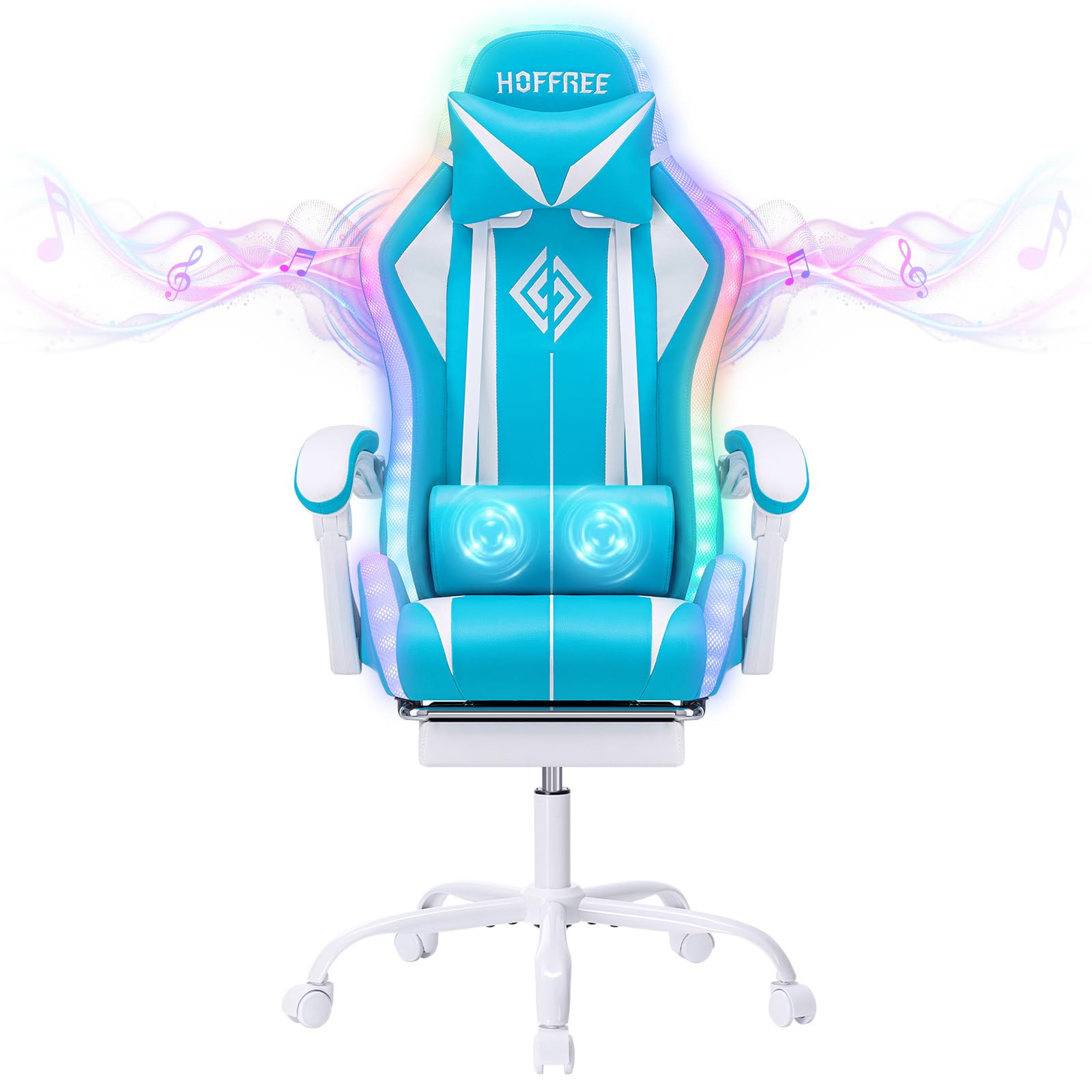 Hoffree HOFFREE RGB Gaming Chair with Speakers Massage Computer Gaming Chair with LED Lights and Footrest High Back Video Game Chair for Adults Light Blue and White