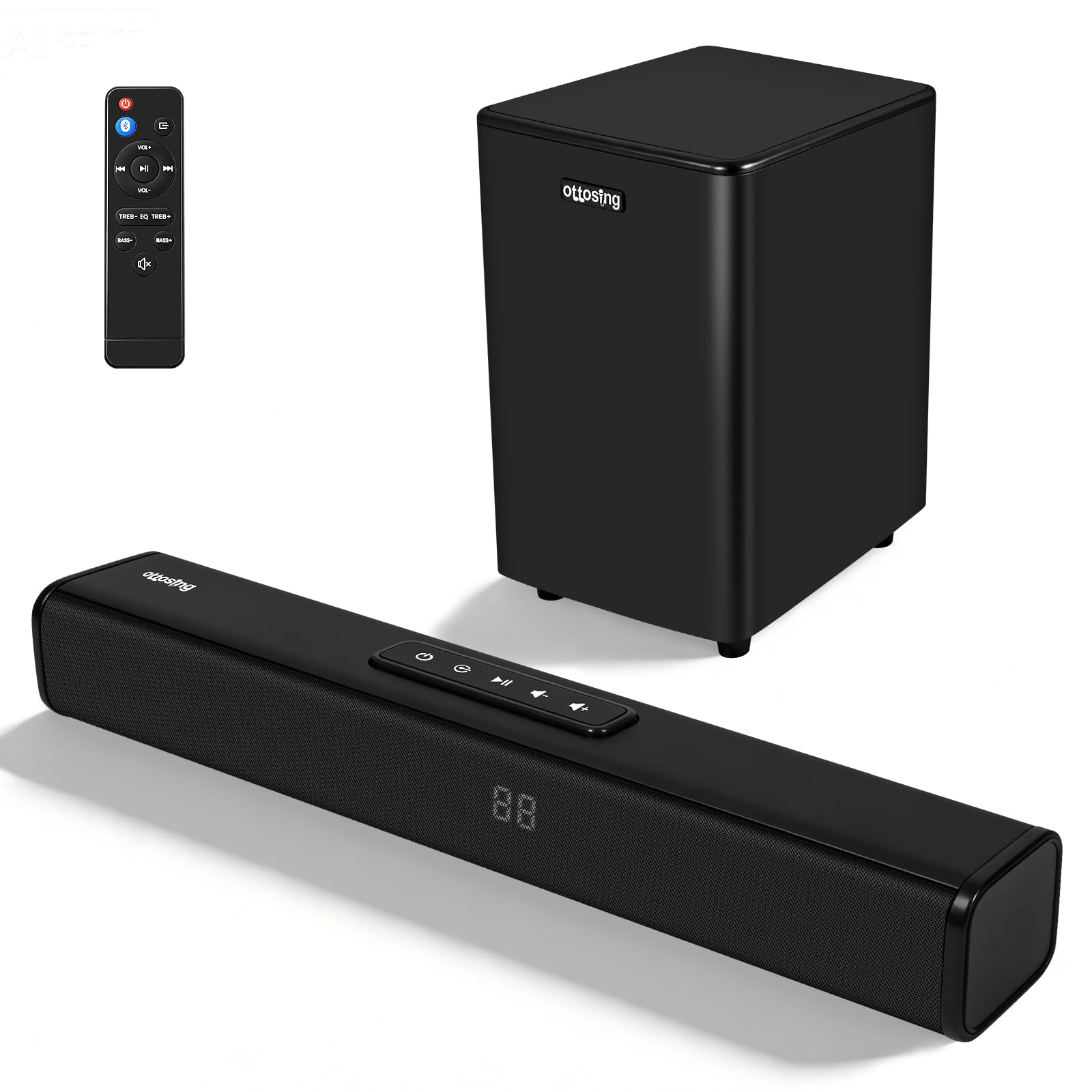 Barra de sonido Bluetooth con subwoofer inalámbrico, barra de sonido con entradas ópticas/ARC/AUX y Bluetooth 5.0, sistema de sonido envolvente de 2.1 canales para TV, PC, juegos, música