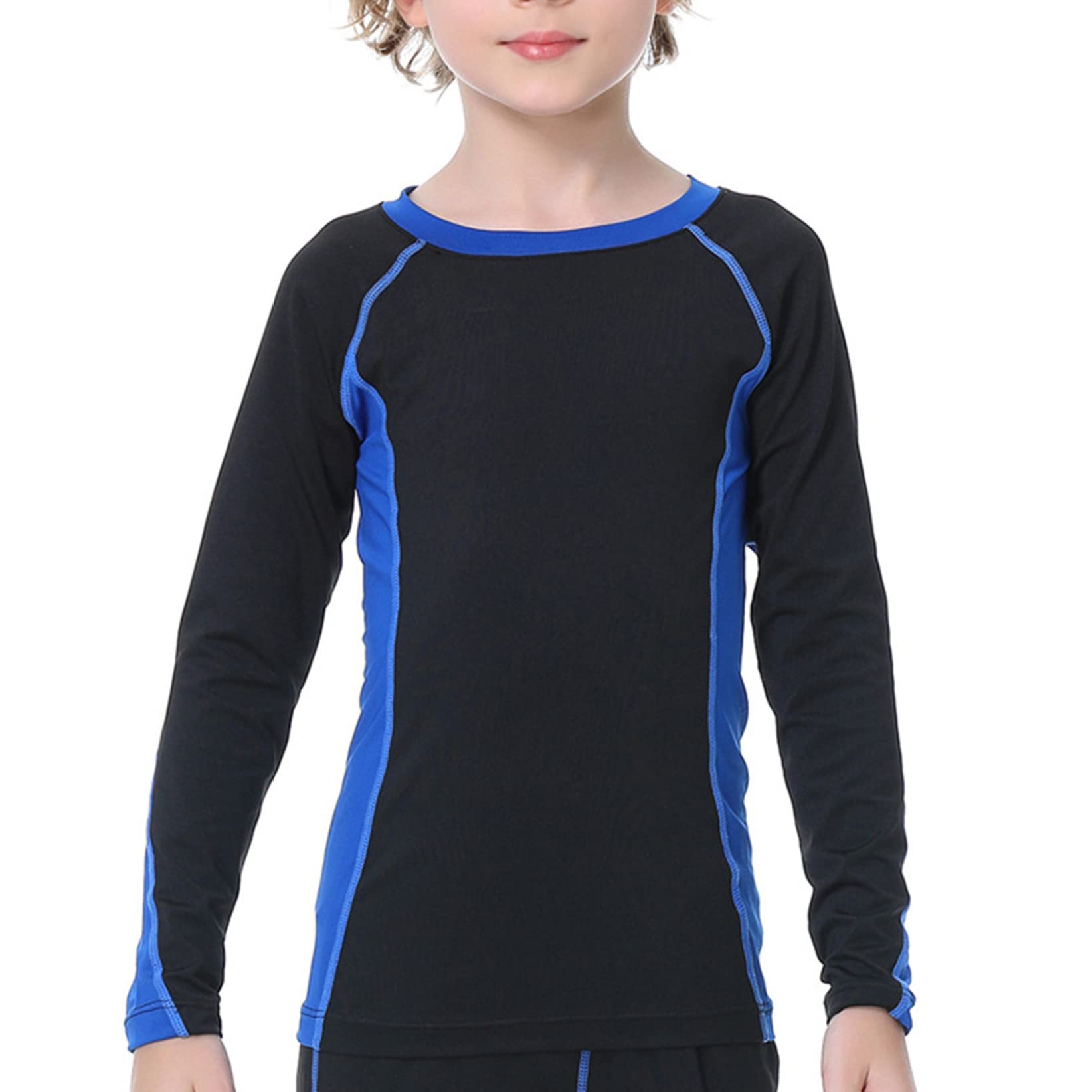 TTAO Boys' Thermal Undershirt Long Sleeve Baselayers Sports Shirts Thermal Underwear Running Workout T-Shirt Black&Royal Blue 5-6 Years