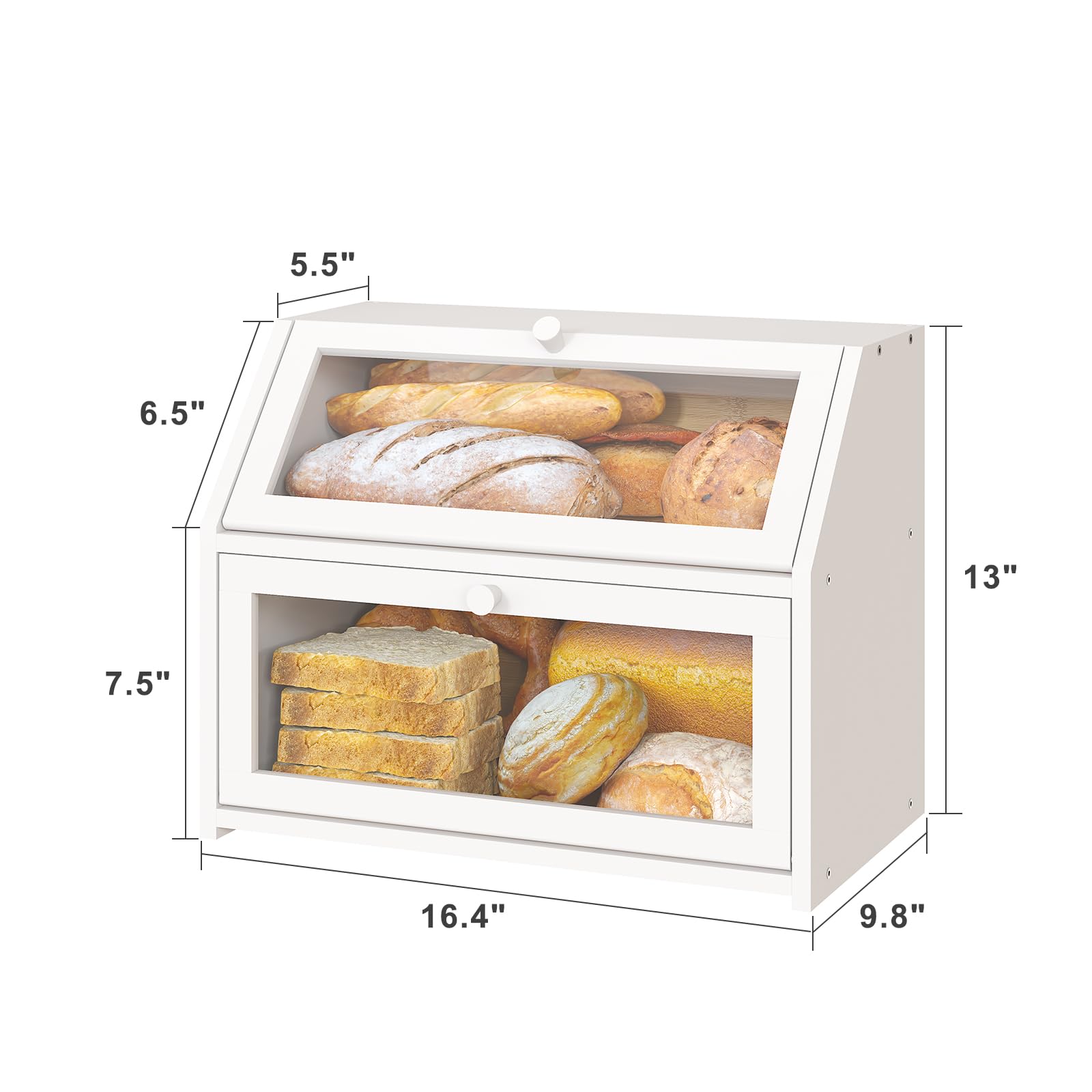 Grande scatola per il pane bianca per bancone della cucina, doppio strato in legno di bambù, grande capacità