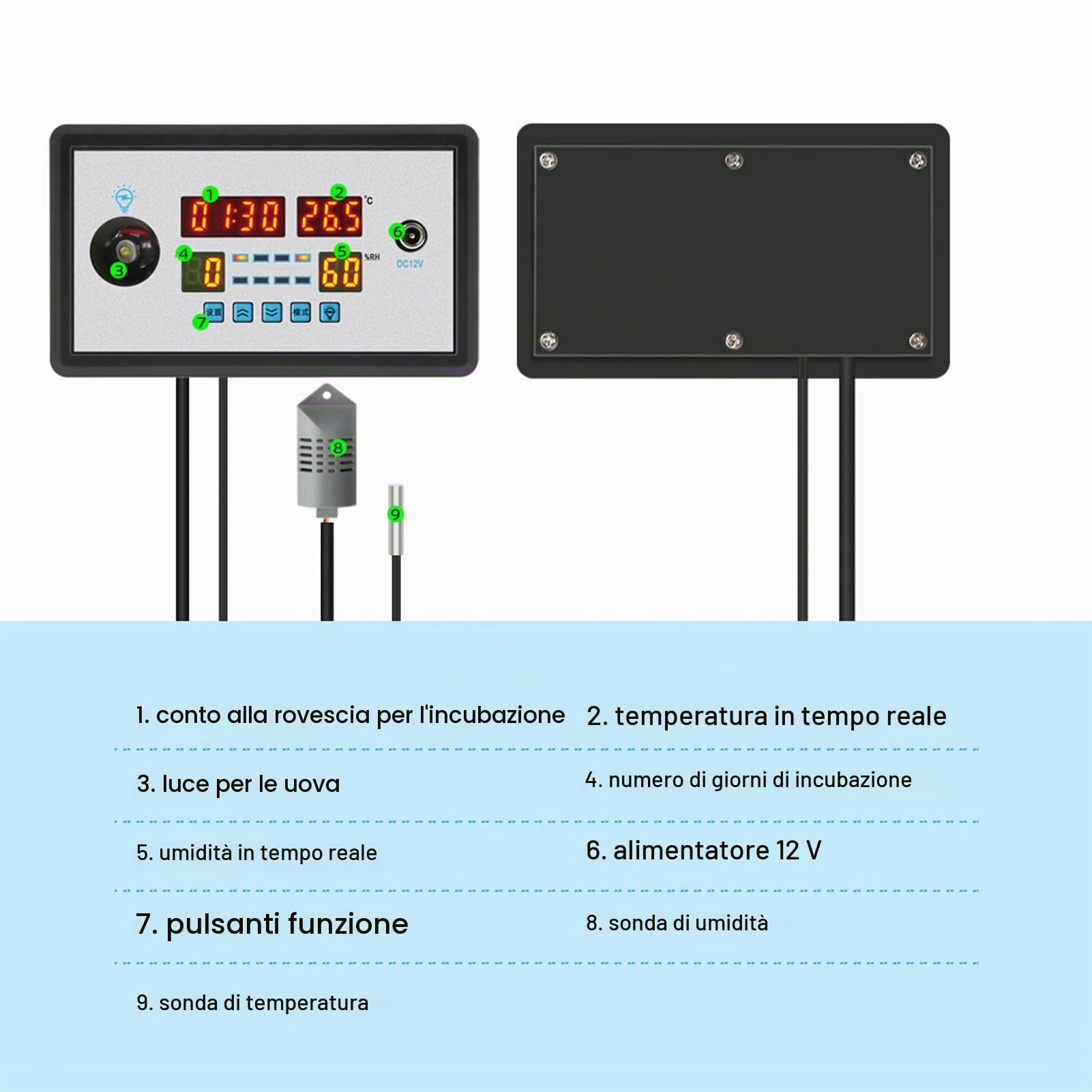 Termostato Intelligente per Incubatrice, Igrostato Automatico con Sonda Umidità e Temperatura, Controllo Remoto per Hatching, DC 12V