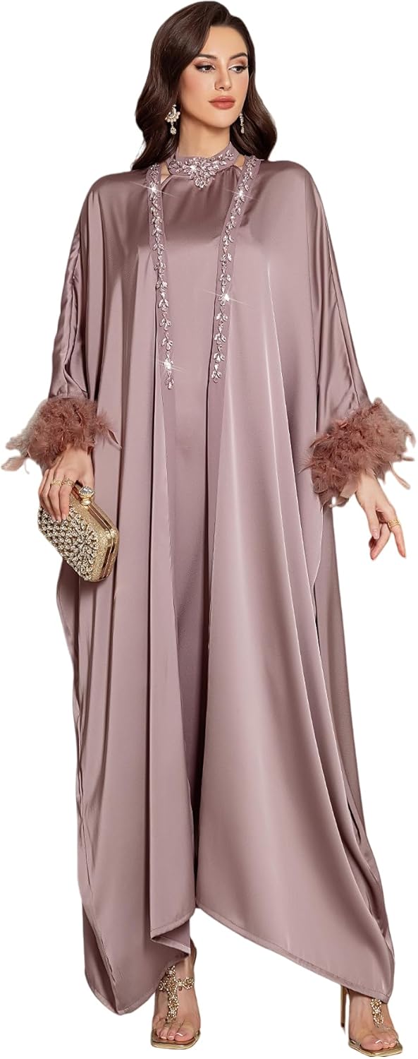 Luxury 2-Piece Abaya Set with Inner Dress, Hand-Beaded Halter Neck Maxi Dress, Cape Sleeves with Feather Cuffs