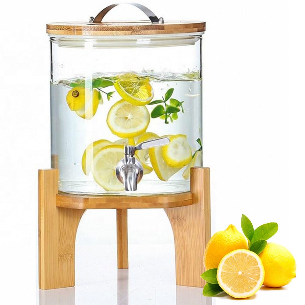 Dispenser per bevande in vetro con rubinetto e supporto in legno, disponibile nelle dimensioni 1,5 L, 2,5 L, 4 L, 5 L, perfetto per feste e uso quotidiano, goditi le bevande refrigerate senza sforzo