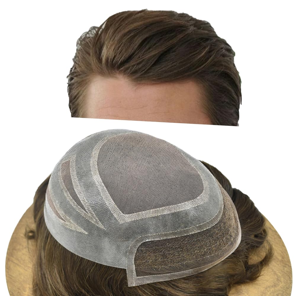 Mens Toupee Human Hair Pieces Replacement System for Men Breathable French Lace Mens Wigs Hairpiece Poly Skin PU Around Hair Unit Patch for Men (8''X10'', #3 Dark Brown)