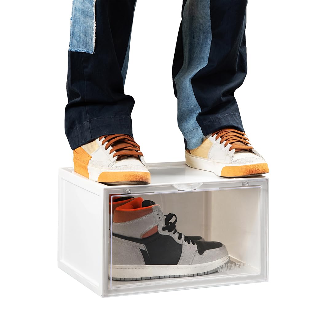 SNEAKARE Stackable Shoe Storage Box | Heavy Duty Plastic Sneaker Crate with Magnetic Door | Shoe Organizer for Men & Women | Fits Upto UK 14 | Durable Shoe Storage Box White Pack of-1