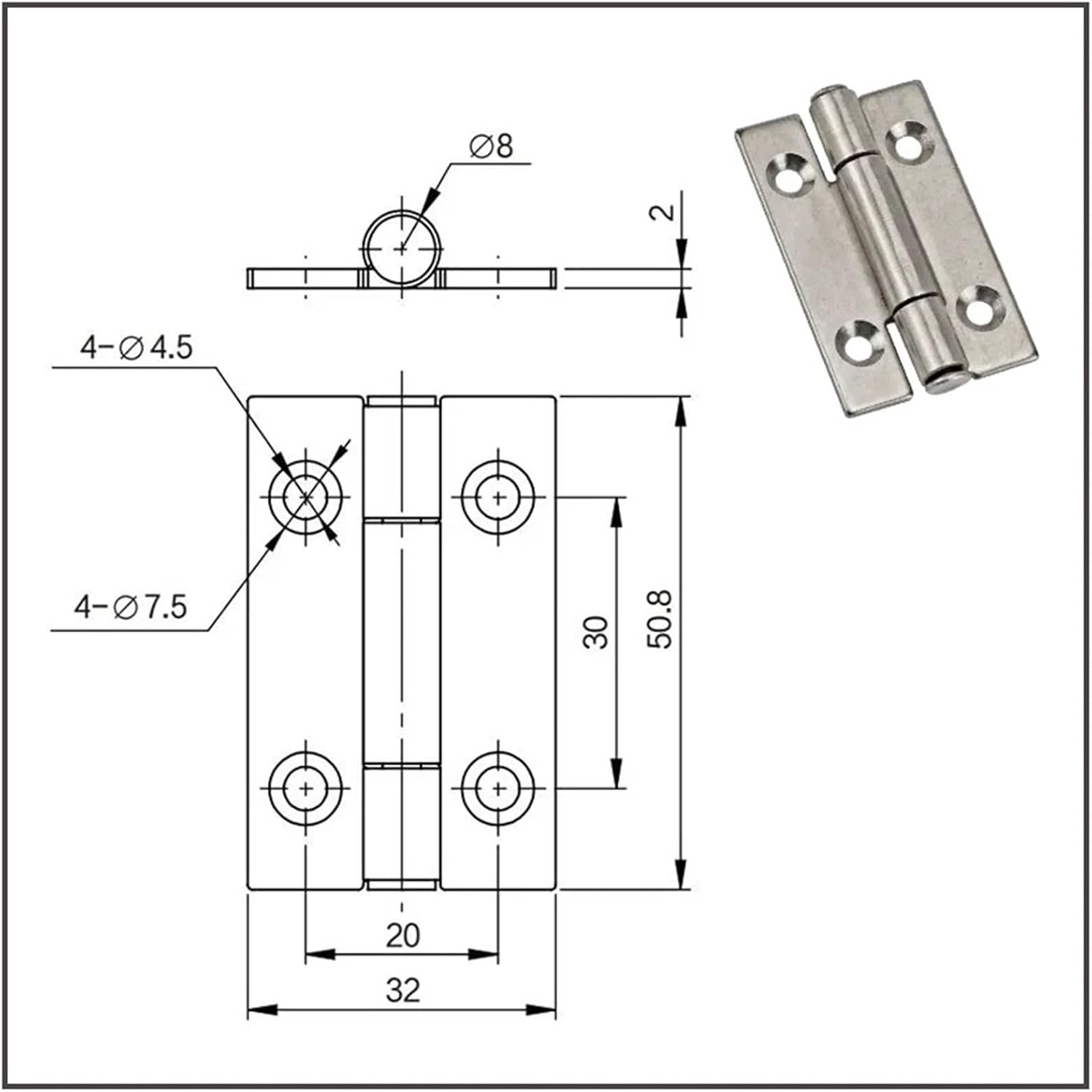 304 Stainless Steel 2-inch Narrow Side Square 50x 32 Hinge Thickened Cabinet Door Hinge 1Pcs