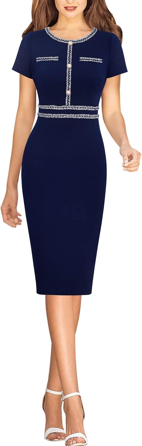 VFSHOW Womens Crew Neck Button Business Work Office Bodycon Dress Short Sleeve Patchwork Tweed Trim Party Pencil Sheath Dress - Image 2