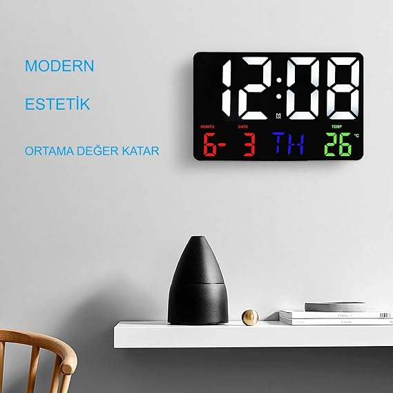 HyMark Digital Wall Clock Color HD LED Display 25X16 Cm Date Day Temperature Alarm USB Decorative