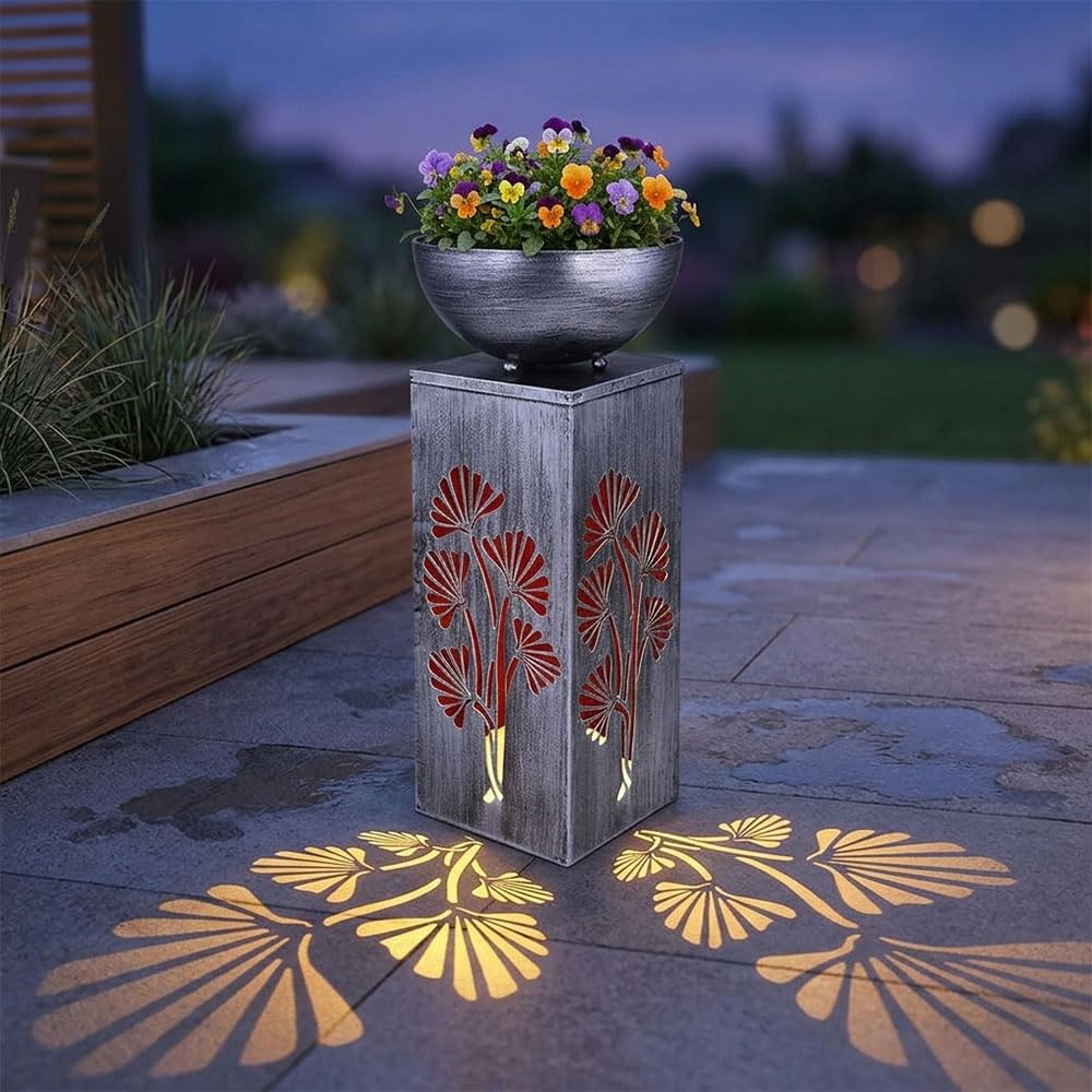 Dekosäule mit Pflanzschale und Beleuchtung Solar Säulenleuchte Außen Pflanzsäule mit Schale Metall, Lichteffekt, 1x LED warmweiß, H 59 cm, Garten