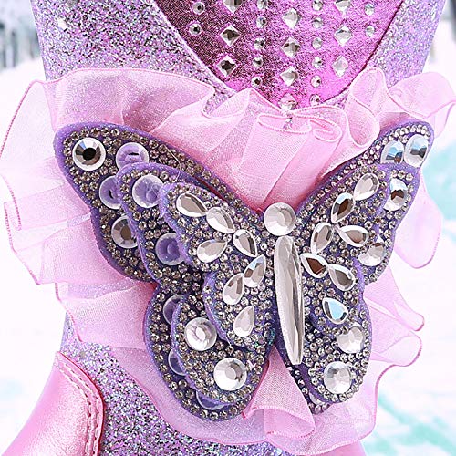 Girls Winter Warm Fur Boots Sparkle Rhinestone Lace Butterfly Mid Calf Boots4