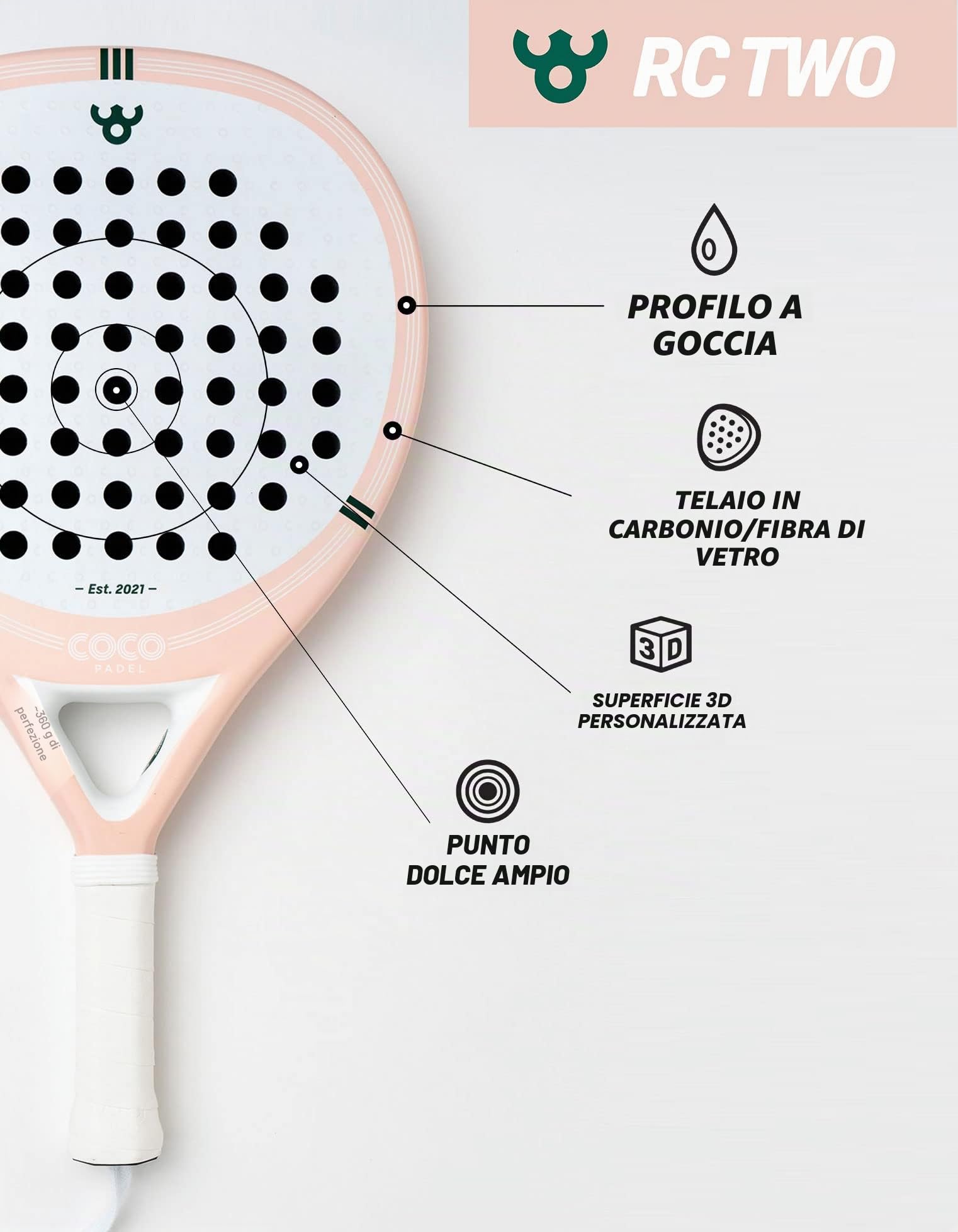 RC TWO Racchetta da Padel | Superficie in Fibra di Carbonio 3K | Anima in EVA Morbido | 360g | Controllo Preciso e Potenza | Giocatori Intermedi | Rosa Dusty