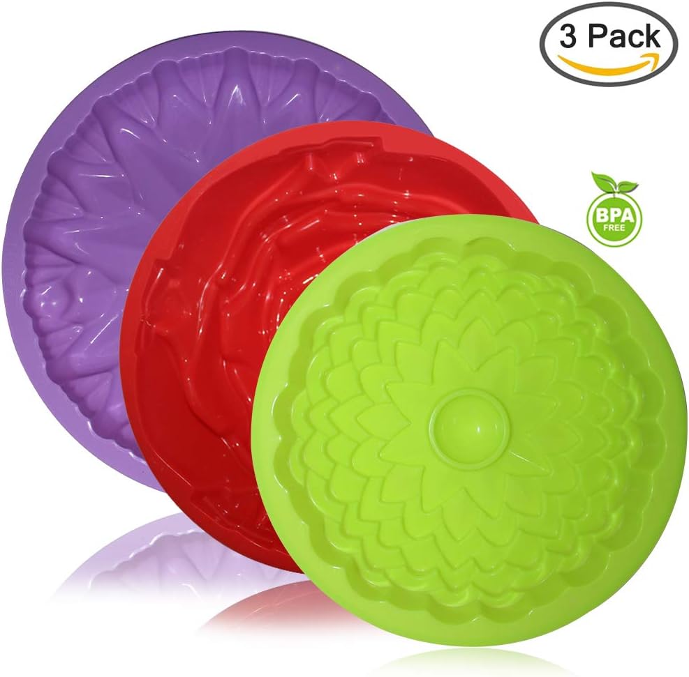 SENHAI 3 Pack Flower Shape Silicone Cake Bread Pie Flan Tart Molds, Large Round Sunflower Chrysanthemum Rose Shape Non-Stick Baking Trays for Birthday Party DIY - Yellow,Red,Purple - Image 2