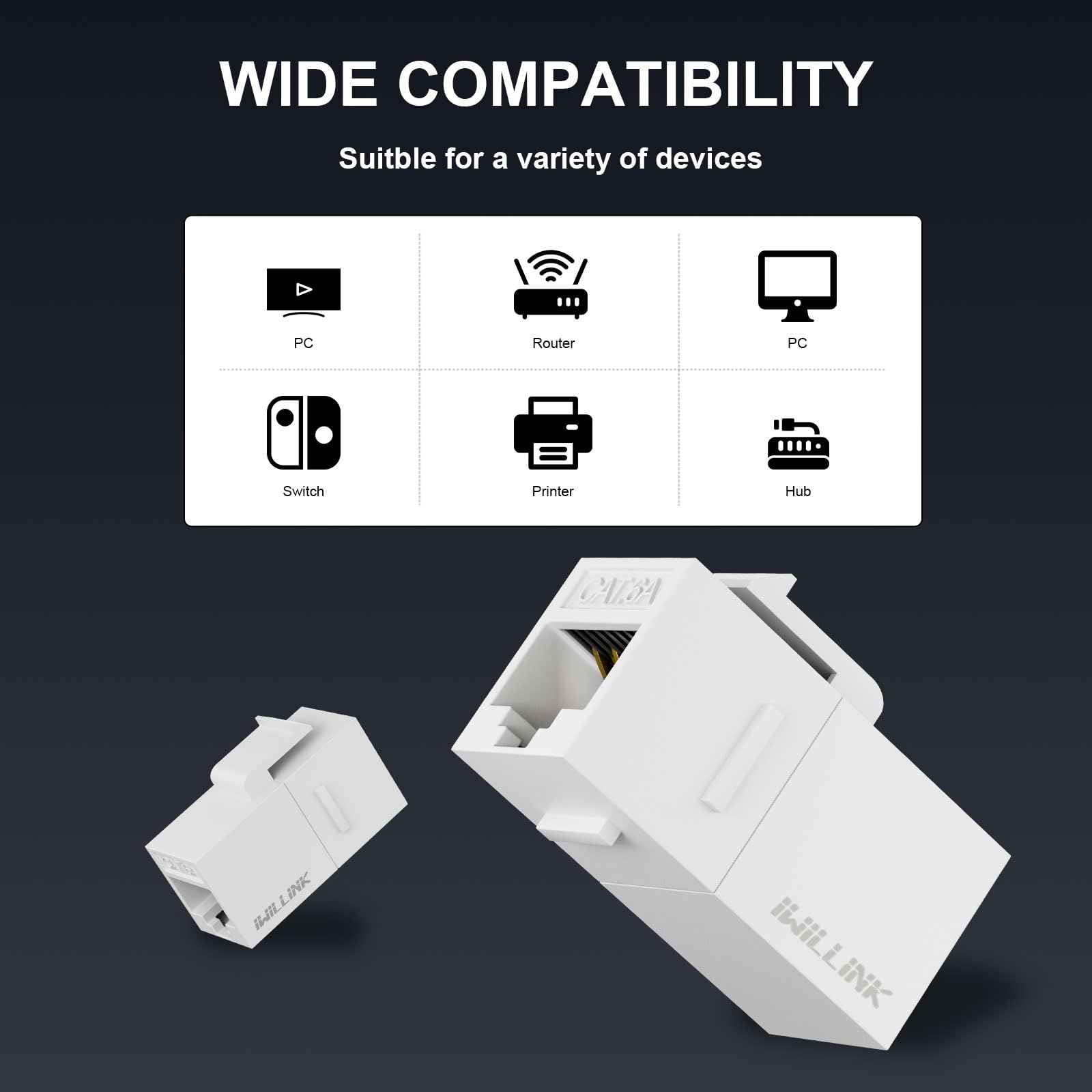 iwillink Acoplador Keystone RJ45 Cat6A, paquete de 25 unidades, conector Keystone Cat6a hembra a hembra, inserto de acoplador Keystone UTP, conector Keystone, acoplador Ethernet, blanco