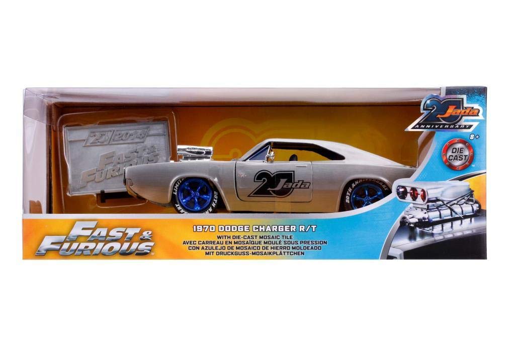 Dickie Toys 253745017 1970 Dodge Charger, Wave 5, Die-Cast con Ruota Libera, Jada Toys 20 Anni, Argento Metallizzato Spazzolato