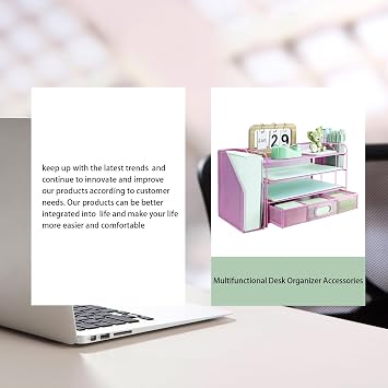3 Tier Desk File Organiser with Extra Vertical File Sorter, Paper Letter Tray with Top Stationery Drawer Holder, A4 Paper Desktop Filing Trays, Magazine Document Holder for Home Office, Pink
