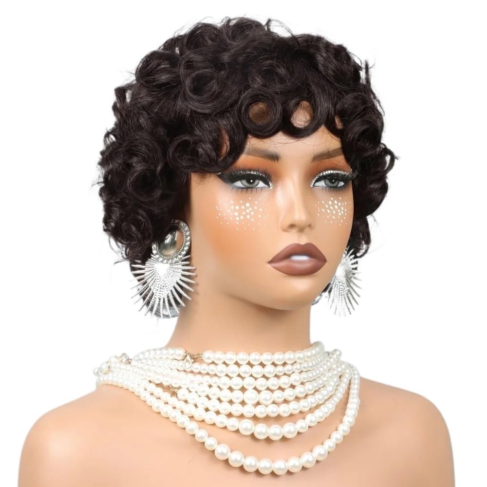 Pixie Cut Krótkie kręcone peruki 8 cali dla kobiet 200 Gęstość Pełna peruka z przedłużaniem włosów (Dark Brown)