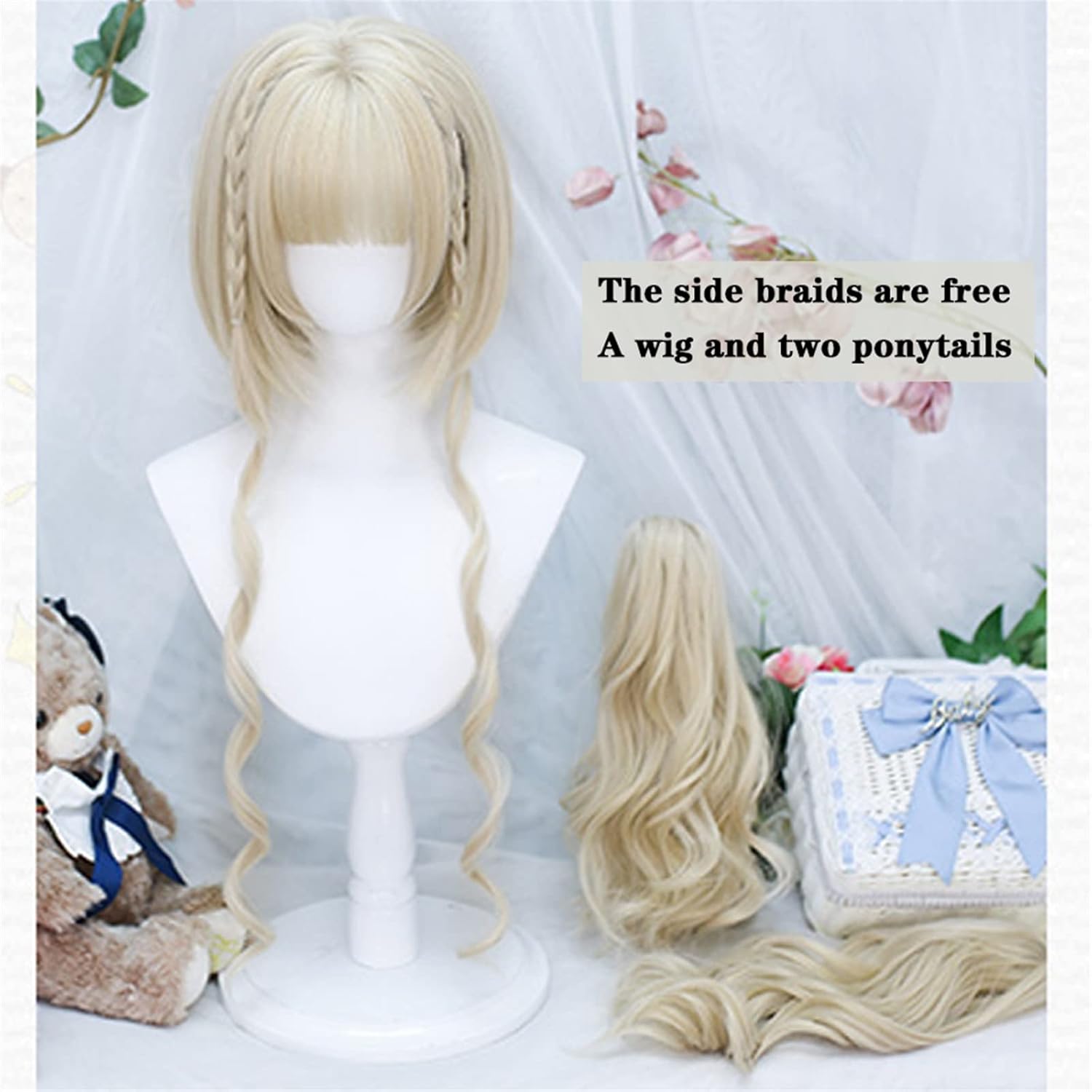 合成ウィッグ 合成ロリータ コスプレ ウィッグ ロング ストレート ヘア三つ編みウィッグ きちんとした前髪付き ダブル ポニーテール