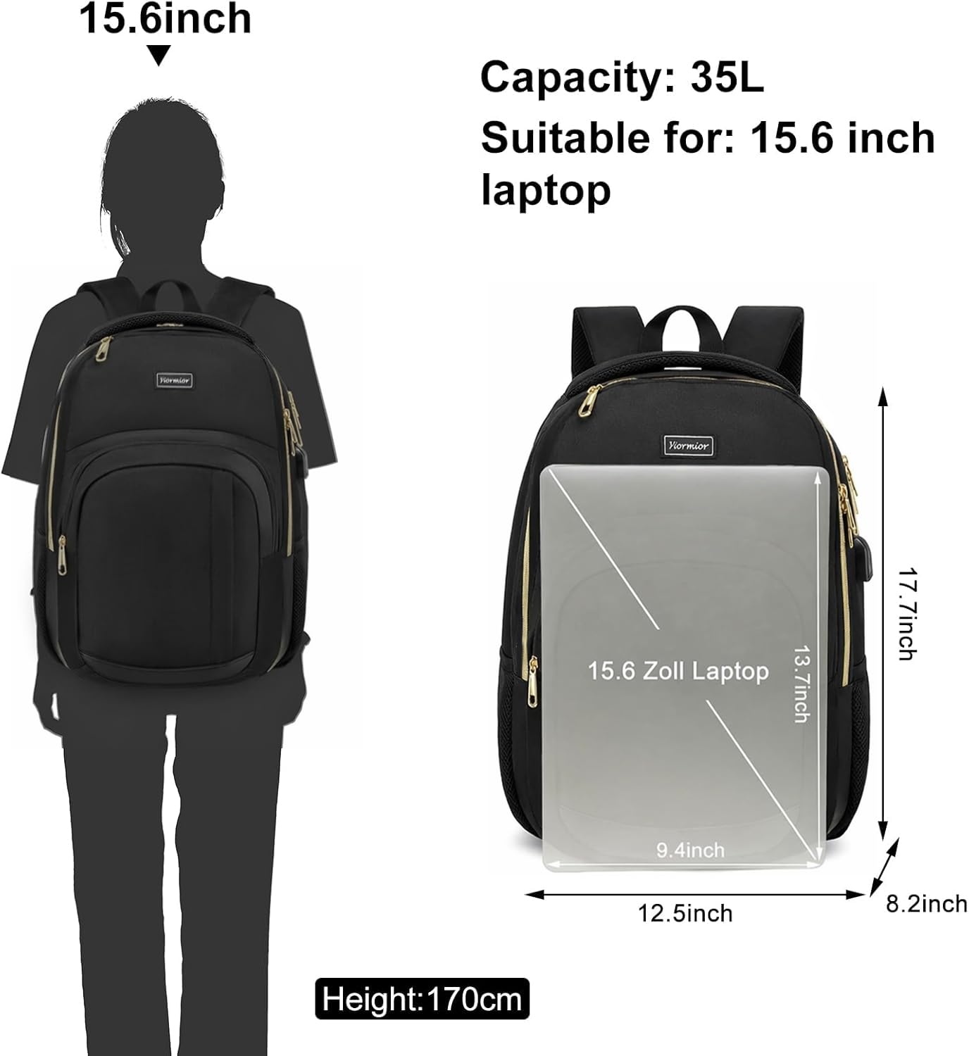 Zaino da scuola per laptop da 15,6", impermeabile, con porta di ricarica USB, oro nero, 15,6 zoll