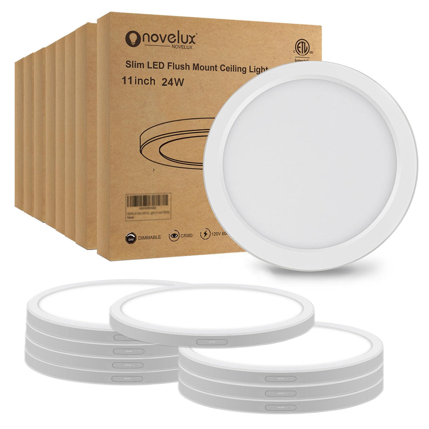 NOVELUX11 inch LED Flush Mount Ceiling Light, 24W 2400LM Dimmable Ceiling Light Fixtures, 5000K Ultra Slim 0.63" Thick Round Led Ceiling Light for Bedroom,Living Room,Kitchen,Hallway,Bathroom, 8 Pack