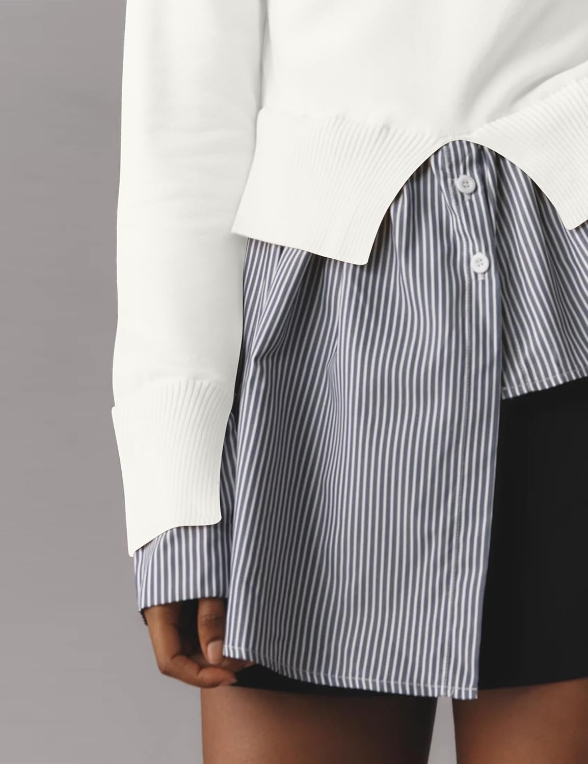 Womens Slit Crew Neck Patchwork Sweater 2 in 1 Asymmetrical Hem Pullover Knit Sweater Button Down Contrast Shirt Tops - Image 3