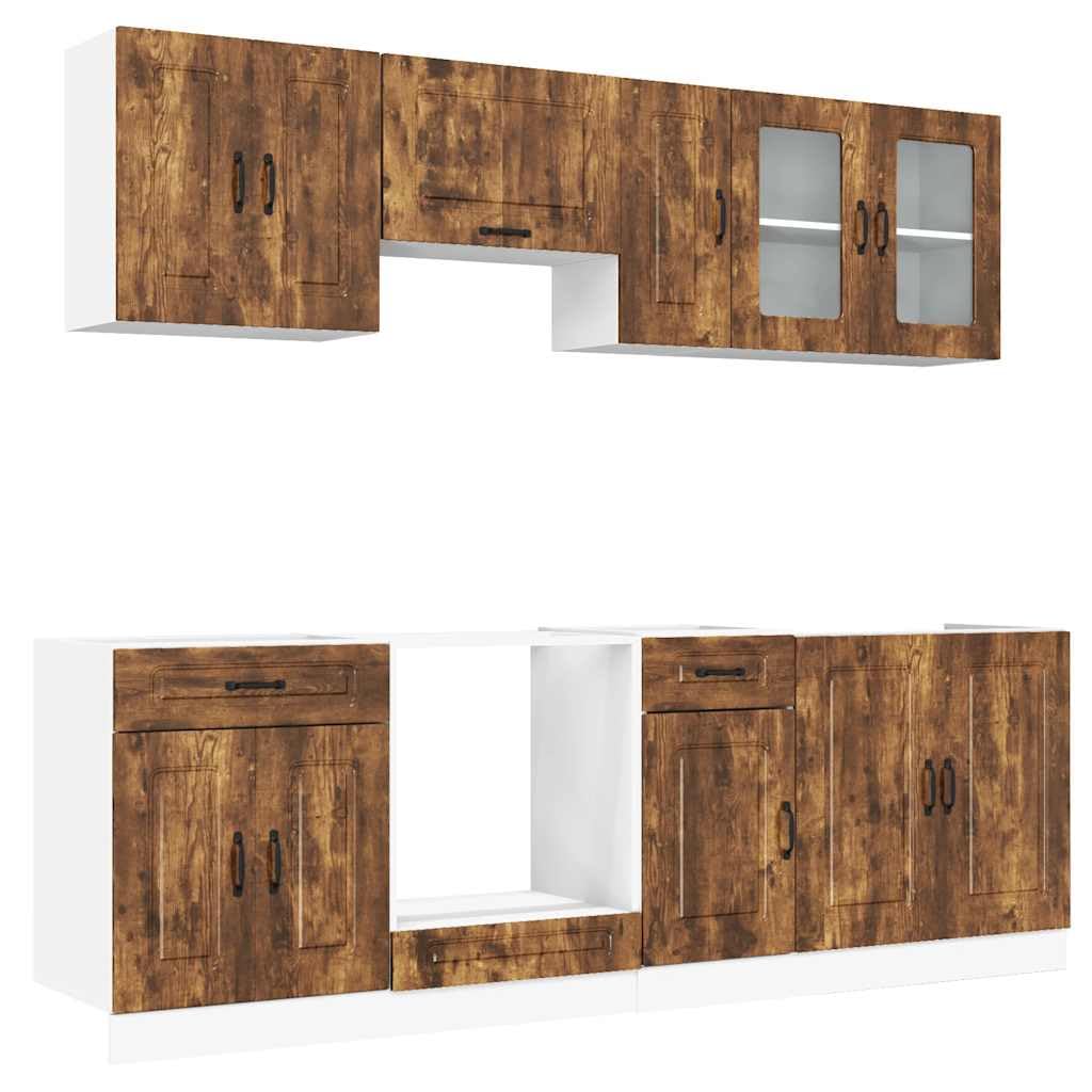Juego de 8 armarios de cocina de madera de roble ahumado Kalmar con muchos compartimentos para optimizar el espacio, armarios inferiores de cocina con patas ajustables que ofrecen un práctico