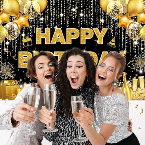 Image of DARSHANAM WORLD Birthday Decoration Backdrop Cloth Curtain (Pack of 1, Size: 5x8 Feet) Background Enhancer Poster,Happy Birthday Sign Theme-(Polyester) (Gold & Black)