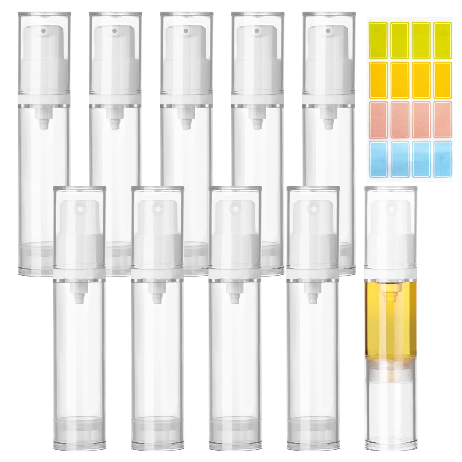 Leikedun 10 flaconi vuoti a pompa airless da 10 ml, ricaricabili, trasparenti, da viaggio, contenitori per cosmetici, con adesivi, per fondotinta, essenza, crema, lozioni, articoli da toeletta