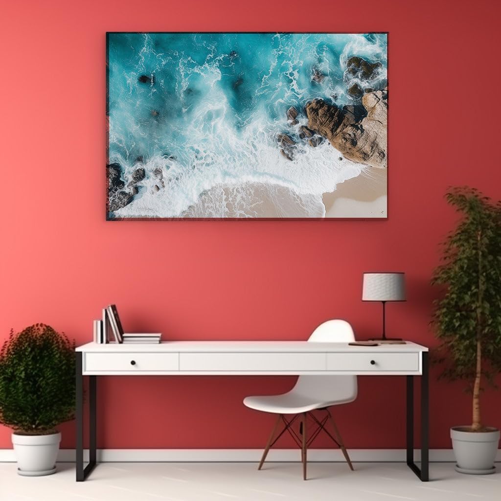 Canvas for Living room. Captivating Seaside Serenity: Where Waves Embrace Rocky Shores, 27 x 18 inch Canvas Wall Art - Tranquility - Modern Home Decor