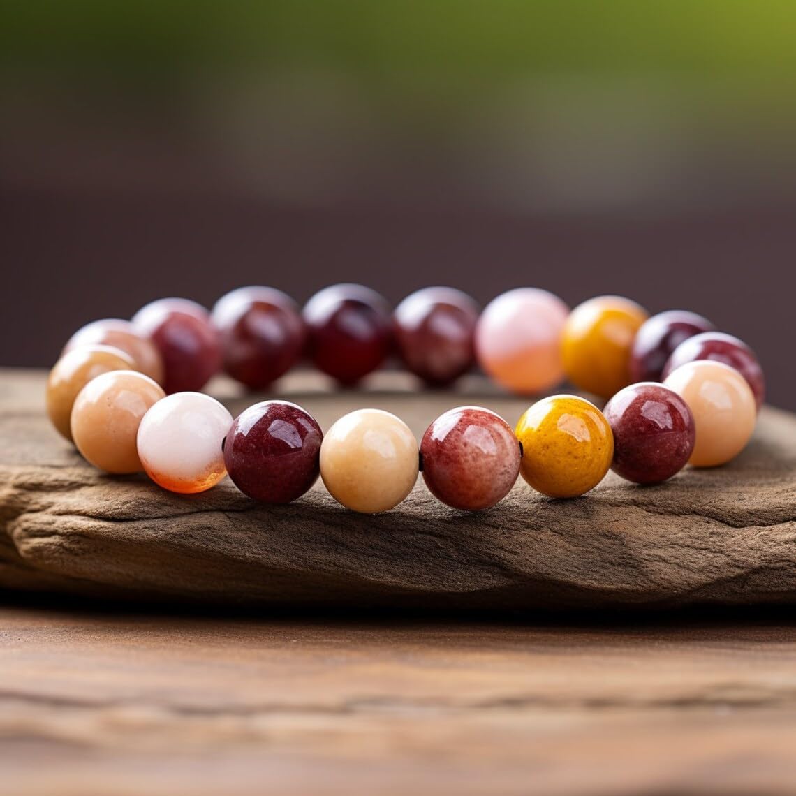 Mookite - Braccialetto in stile bohémien, realizzato a mano, con pietre semipreziose naturali da 10 mm, con perline rotonde lisce da 10 mm, braccialetto regolabile per meditazione spirituale, unisex,