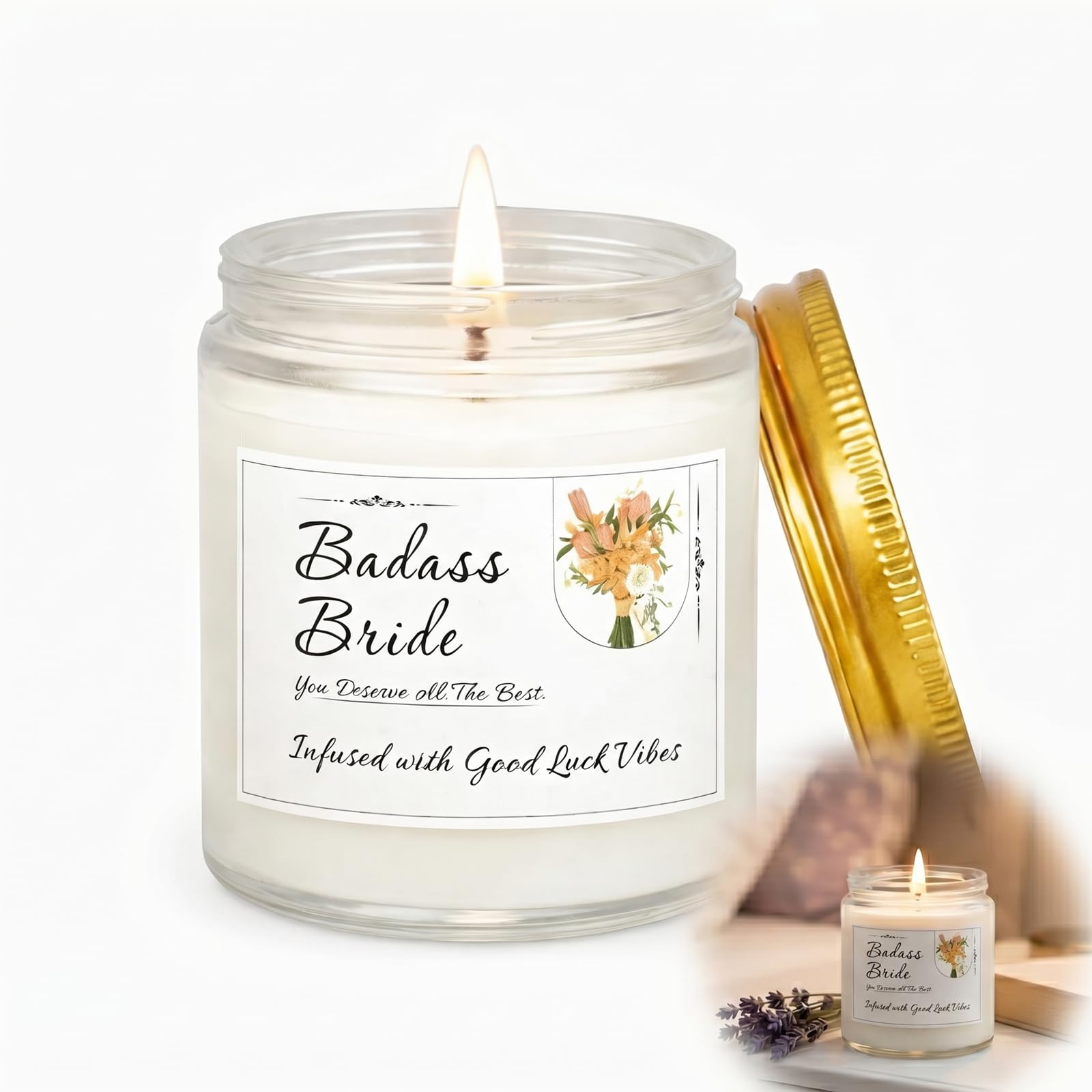 Lavender Scented Soy Candle for Bride, Badass Bride Gift in Glass Jar with Gold Lid, Cotton Wick Candle for Wedding Day, Bridal Shower, Hen Party, Birthday, Relaxing Home Fragrance Keepsakes