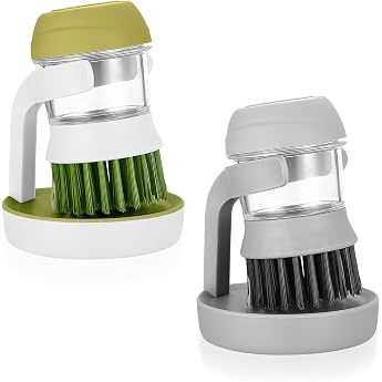 Pack of 2 Washing Up Brush with Detergent Dispenser Kitchen Brushes Fillable Washing Up Brush Multifunctional Cleaning Brush with Detergent Dispenser for Cleaning Dishes Pots Pans Sinks