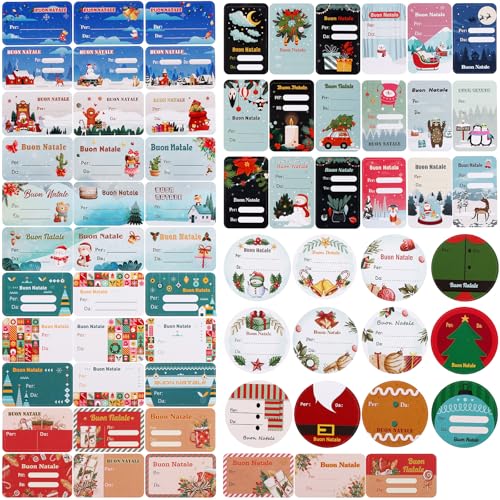 Kesote Adesivi Natalizi Italiane 132 Pezzi Etichette Adesive Personalizzati Natalizie per Pacchetti Etichette Regalo Natale 16 fogli di carta, 8 stili